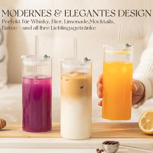ClimeCo Certified 6er Set 530ml Trinkgläser mit 2-in-1 Deckel & Strohhalm – Runde Glasbecher für Eiskaffee, Smoothies & 