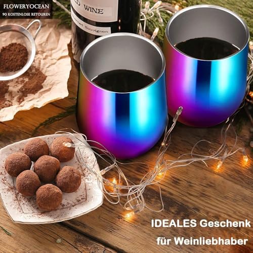 FloweryOcean Weinbecher aus Edelstahl, 2 Stück 12OZ Weingläser to go, hält 5h heiß / 10h kalt, Frauen-Geschenk, Bunt, Do